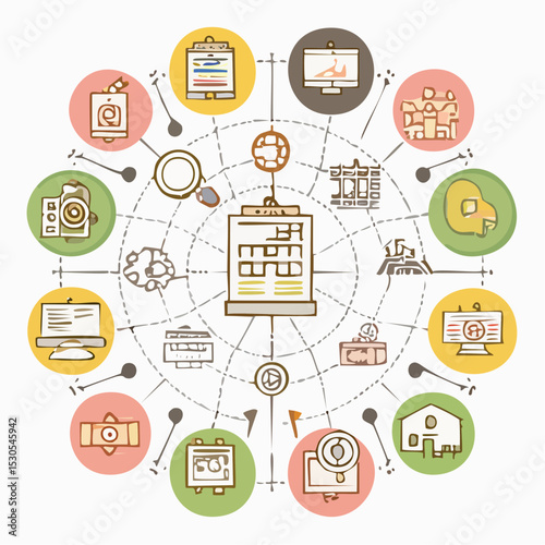 Colorful illustration of a building surrounded by various technological icons and concepts