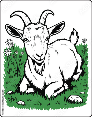 Cute goat sleeping on green grass in natural scene line art vector illustration coloring page for kids