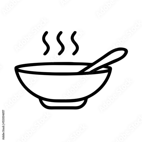 Hot Soup Bowl Icon with Spoon and Steam Line Art Illustration