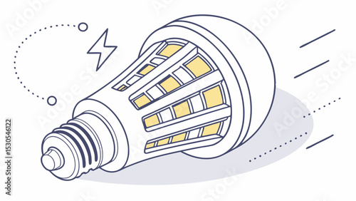 An led lightbulb with a white casing and yellow interior is depicted with energy symbols around it