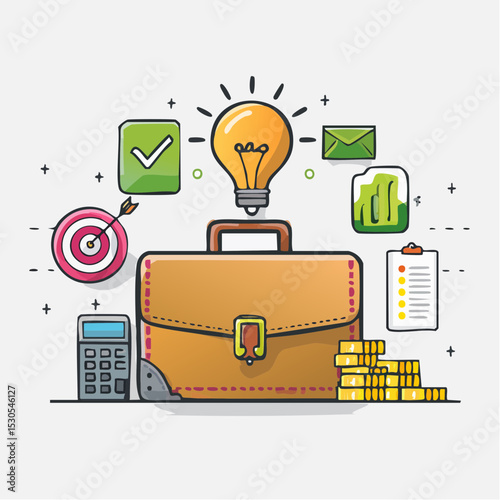 Conceptual illustration of a business briefcase surrounded by related financial icons