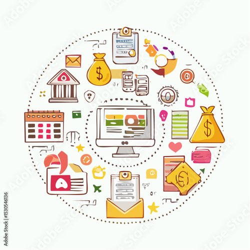 Colorful illustration of financial elements arranged in a circular composition