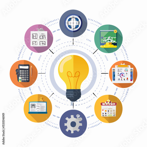 Colorful infographic design representing ideas, data analysis, and business concepts