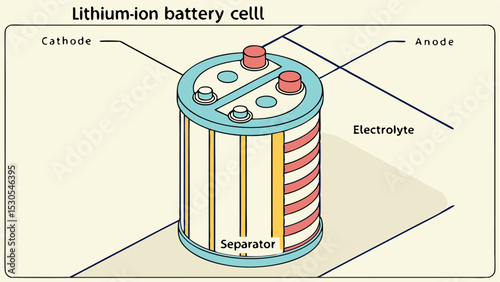 Illustration of a lithium ion battery cell with labeled components and internal structure details shown clearly