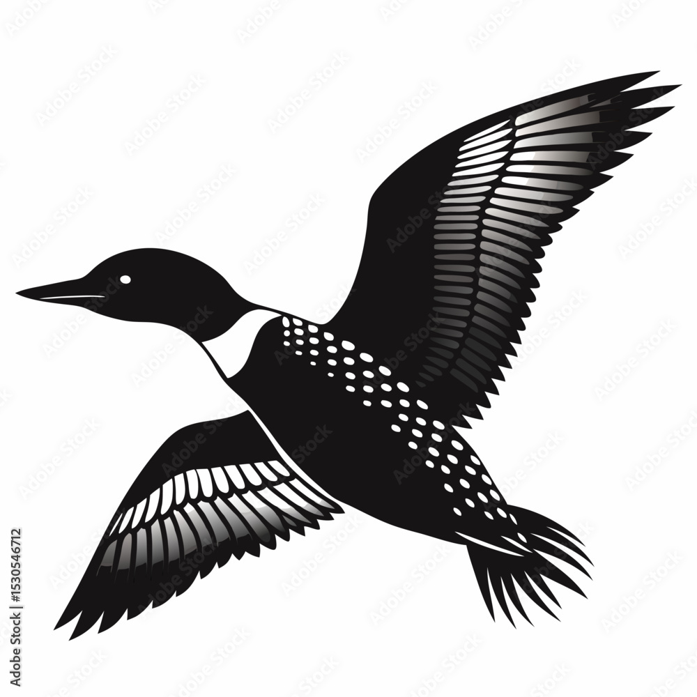 Fototapeta premium Loon bird flying silhouette design on a clean white background showcasing vector illustration for creative projects and nature themed visuals
