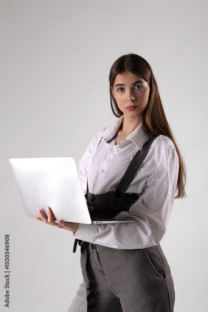 Young woman in stylish outfit holds laptop while posing against neutral background during indoor photoshoot Young woman in stylish outfit holds laptop while posing against neutral background during indoor photoshoot