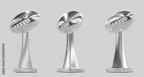 Super Bowl trophy, Vince Lombardi sterling silver prize in shape of ball. Winner award for NFL championship, American football sport. Realistic 3d set of metal cup in different angles. 3D illustration