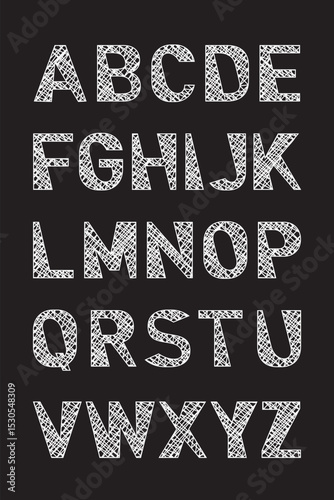 Hand-sketched uppercase alphabet with chaotic lines and textured scribble style. Decorative rough font ideal for creative, grunge, or handmade designs.