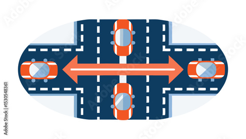 Aerial view of a road intersection with four orange cars and a bidirectional arrow in the center