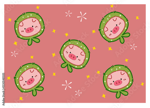 Cartoon character: Cute pink pig with green headscarf on a soft pink background 