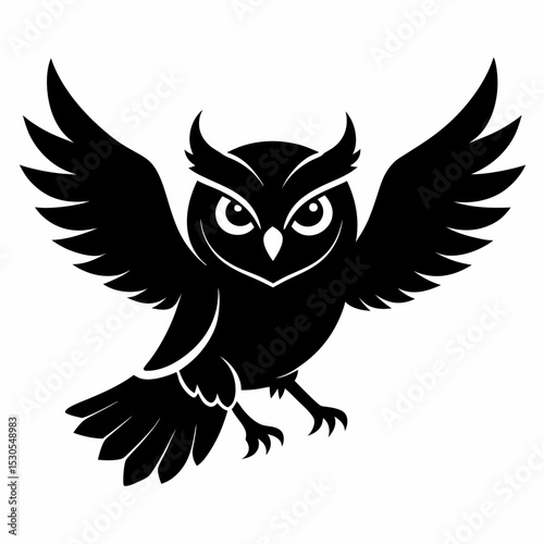 Owl in Flight Silhouette on White Background a vector illustration of an owl soaring with wings spread isolated on white