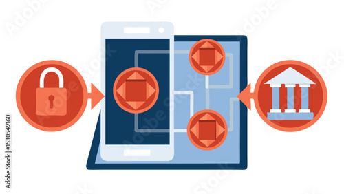 Illustration showing secure mobile banking with padlock, phone, tablet and bank building icons