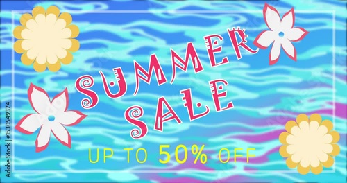 Summer sale creative cool elegant, attractive sales marketing advertisement 4K. Greeting the joy of beaches and water, Summer season. Tropical island hotels concept, 50% off on all. Vibrant ad clip.
