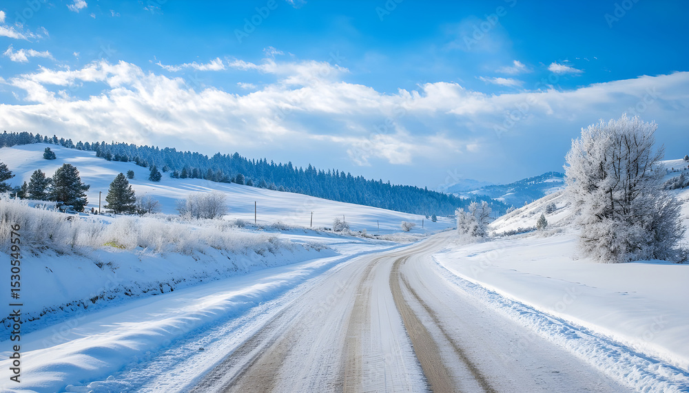 Winter landscape featuring a snowy mountain road under a blue sky Winter landscape featuring a snowy mountain road under a blue sky