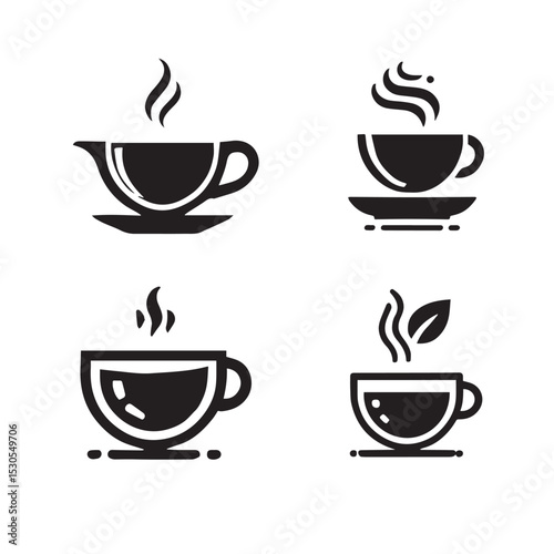 Set of four stylized black and white coffee and tea cup icons for design purposes