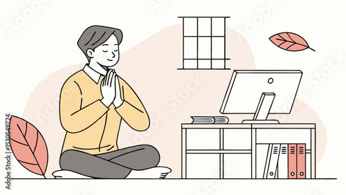 Illustration of a man meditating in a room with a desk, computer, window, and decorative leaves near him