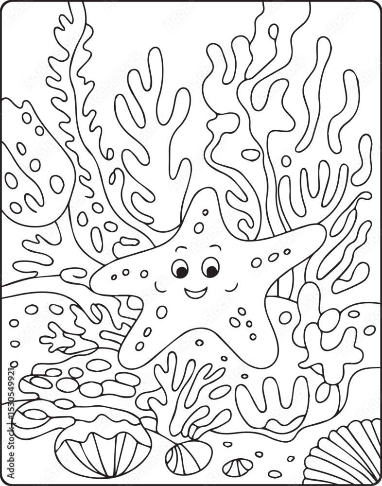 Fototapeta premium Cute and adorable starfish in ocean underwater scenery sea life outline vector line art for coloring page design
