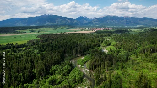 Beautiful High Tatras and wild mountain river Belá from drone perspective, high views, brathtaking Slovak nature, drone video.