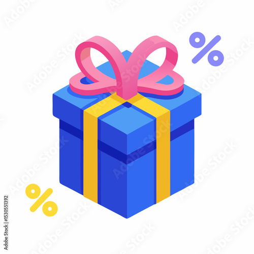 3D Blue Gift Box Icon with Yellow Discount Tag a modern and eye catching design for promotional and celebratory purposes