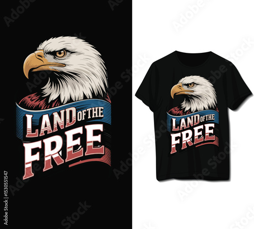 an eagle perched on a branch with the words land of the free isolated on white background