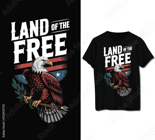 an eagle perched on a branch with the words land of the free isolated on white background