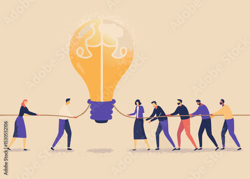 Teamwork and Collaboration to Develop New Ideas Business Strategy and Innovation Represented by People Pulling a Light Bulb in Tug of