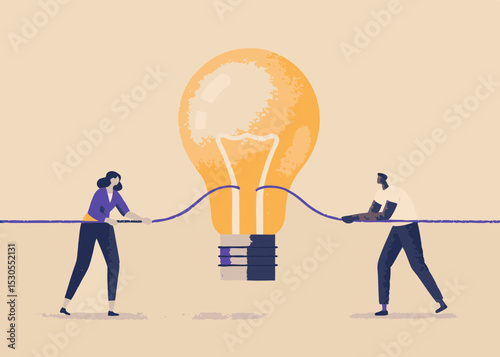 Teamwork and Collaboration in Idea Generation Two People Pulling a Rope Attached to a Large Lightbulb Illustration