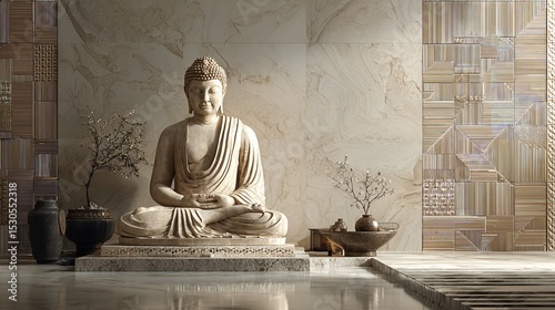 Serene Stone Buddha Carving on Geometric Beige Wall.

