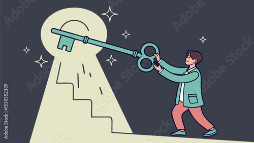 Man holding large key towards keyhole with stairs and shining stars in a dark background illustration