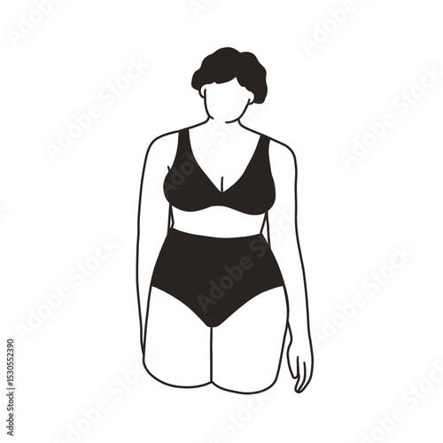Woman in lingerie, bikini. Female in underwear, bra and panties on curvy feminine figure. Contoured outlined linear body-positive silhouette. Flat vector illustration isolated on white background