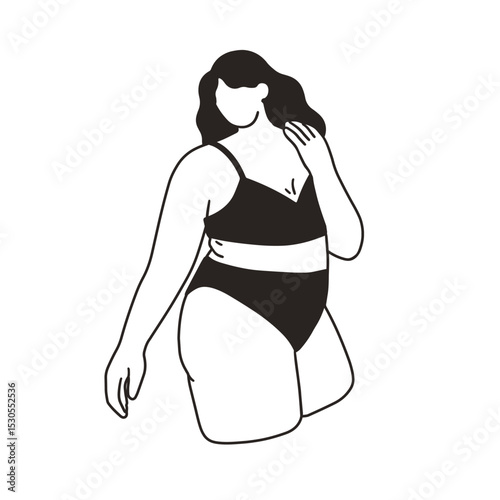 Plus-size woman in bikini. Underwear, lingerie on curvy fat female figure. Girl posing in bra and panties. Body positivity, sensuality. Contoured flat vector illustration isolated on white background