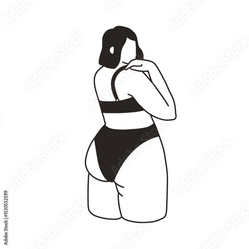 Woman from behind, back, in underwear. Plus-size female figure, wearing bra and panties on buttocks, bikini, lingerie. Body-positive girl, black and white outlined flat vector illustration isolated