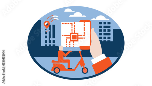 Delivery scooter and mobile app with location tracking in a cityscape illustration art style