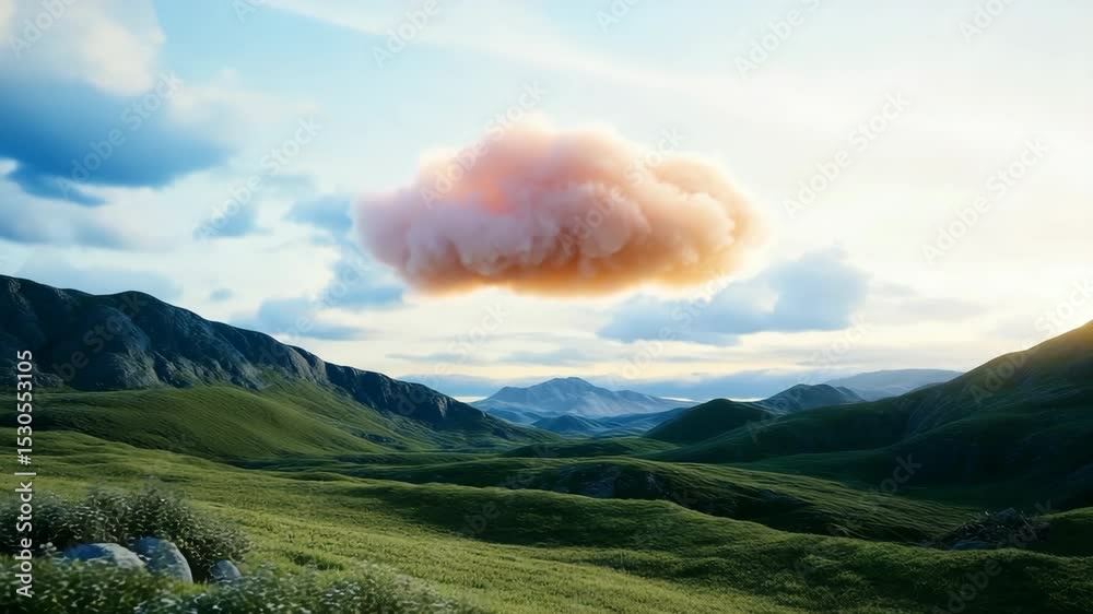Solitary pink cloud over lush green valley with rolling hills and blue sky