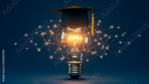 Graduation Cap on Glowing Lightbulb Over Network Connection Background