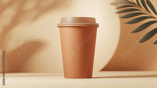 Minimalist brown paper cup on a soft beige background with leaves