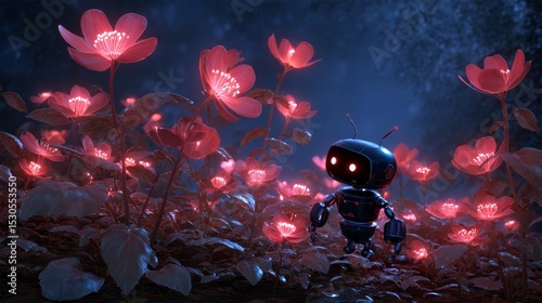 A Night in the Luminescent Meadow: A Robot's Serene Encounter