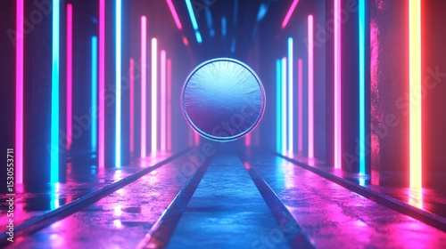 Neon Corridor with Glowing Circular Object and Vibrant Lights
