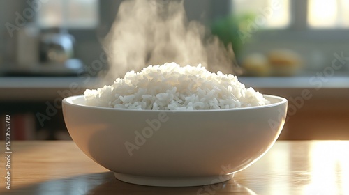 Steaming Bowl of White Rice on Wooden Table in Bright Kitchen