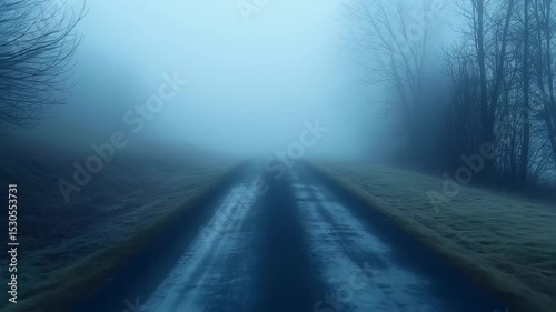 Ethereal landscape featuring road vanishing in dense fog with bare trees