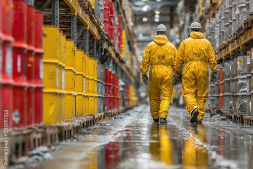 Workers in Yellow Hazmat Suits Walking Through Industrial Warehouse