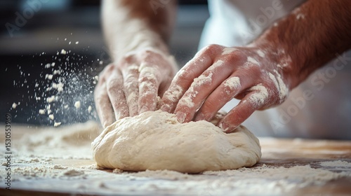 Hands Kneading Dough on a Wooden Surface in a Cozy Kitchen Setting