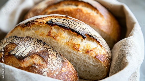 Freshly Baked Artisan Loaves in a Soft Linen Basket Setting