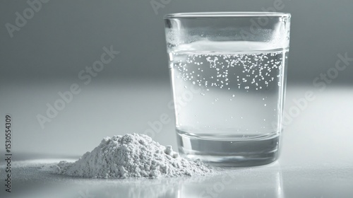 Clear Glass with Bubbles and White Powder on a Smooth Surface