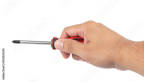 Close up of hand firmly gripping metallic screwdriver, preparing for precision mechanical work against transparent backdrop