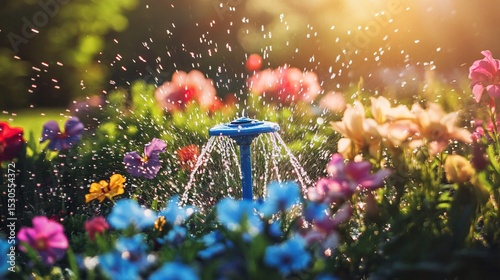 Vibrant Garden Watering System with Colorful Flowers at Dusk