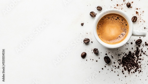 Espresso in white cup, coffee beans, and powder