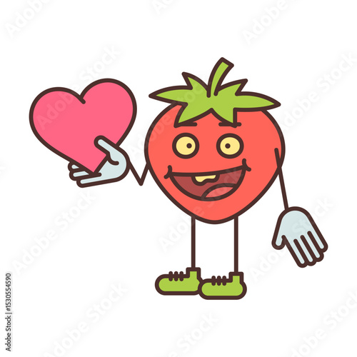 Strawberry character half turn holding heart and smiling