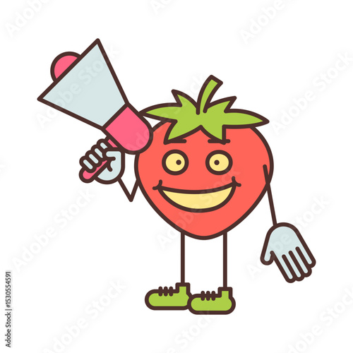 Strawberry character half turn holding megaphone and smiling