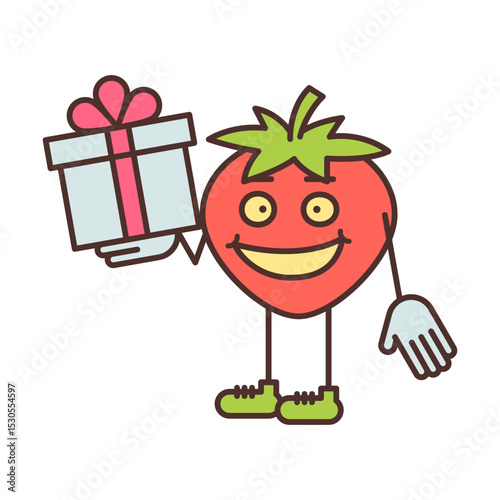 Strawberry character half turn holding gift box and smiling